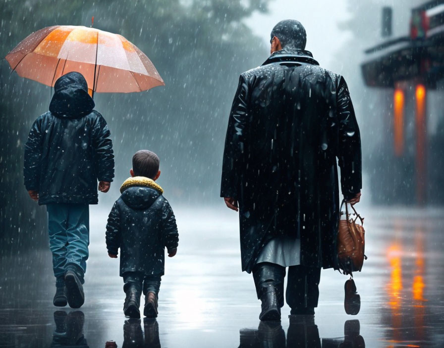 Three individuals walking in the rain with two sharing an umbrella.