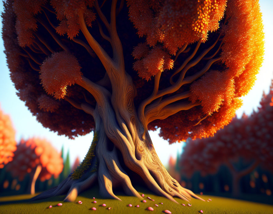 Whimsical tree with twisted trunk and orange foliage in forest setting