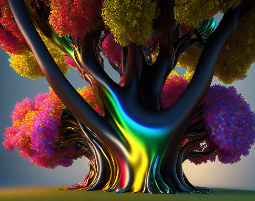 Colorful surreal tree with swirling foliage on gradient background