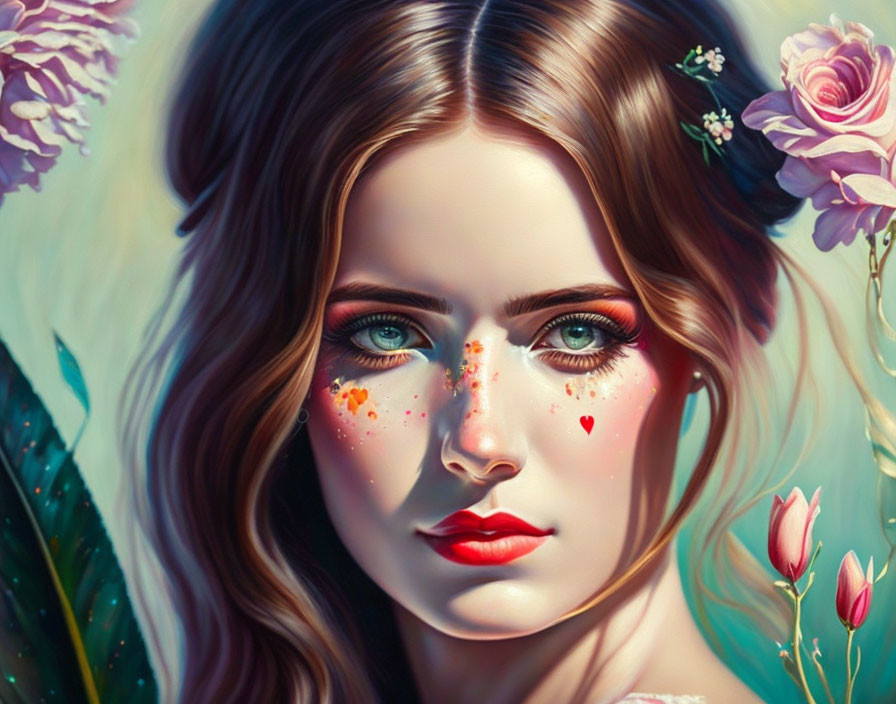 Detailed digital portrait of a woman with green eyes, red lips, and floral hair decor.