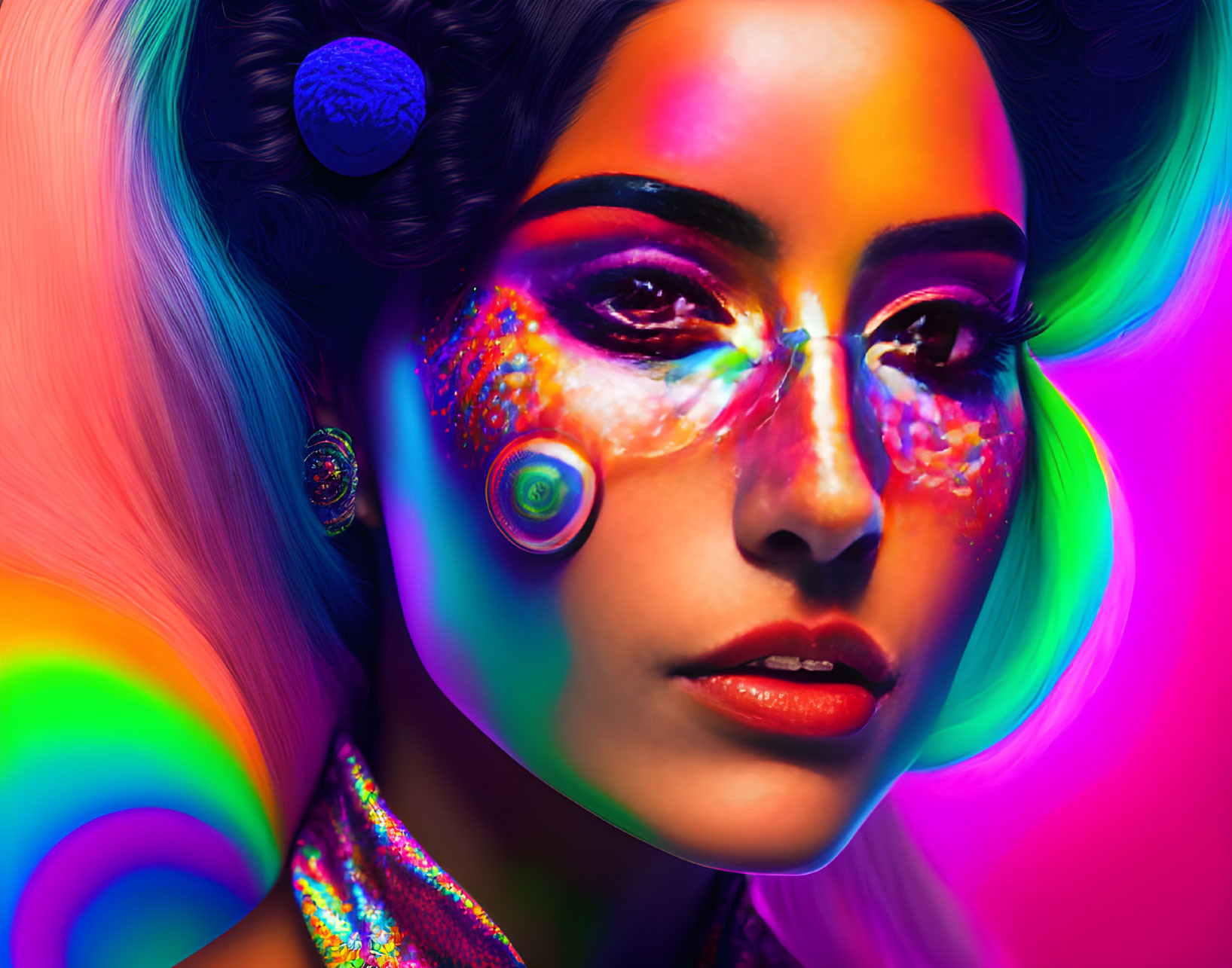 Colorful Glitter Makeup Portrait on Rainbow Background