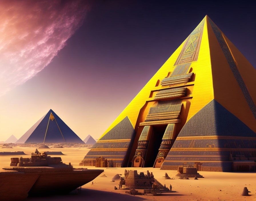 Ancient Egyptian pyramids with hieroglyphs in enhanced sunset colors.