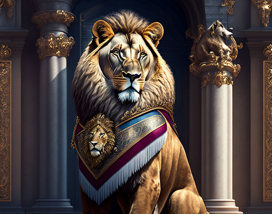 Regal lion with decorated mane in luxurious setting