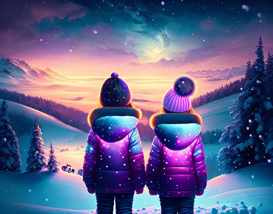 Two people in winter clothes enjoying snowy mountain view at twilight.