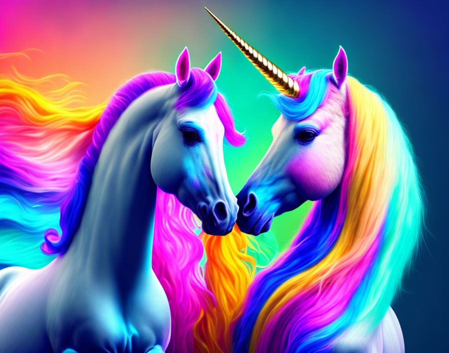 Colorful Unicorns with Flowing Manes on Rainbow Background