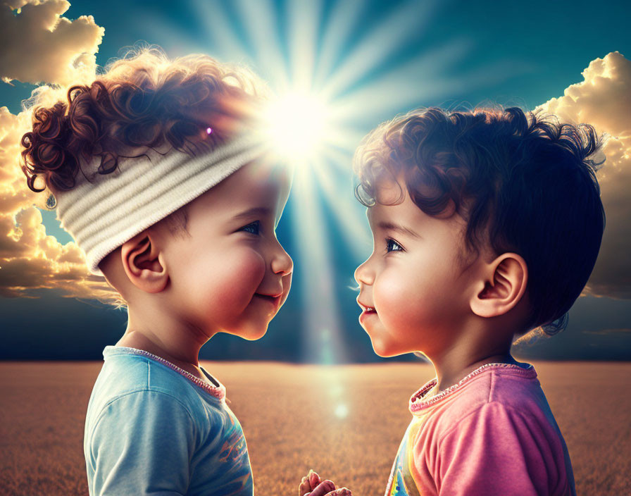 Curly-Haired Toddlers Touch Foreheads Under Dramatic Sky