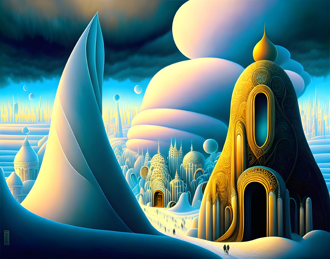 Surreal landscape with golden domes, flowing hills, and spire formations