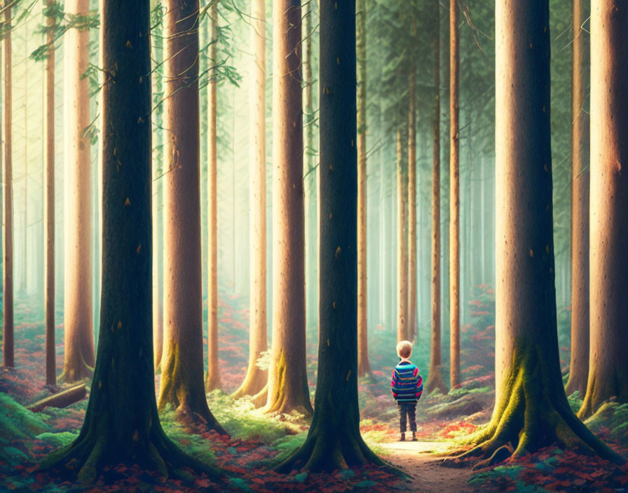 Child in Striped Shirt in Sunlit Forest with Towering Trees