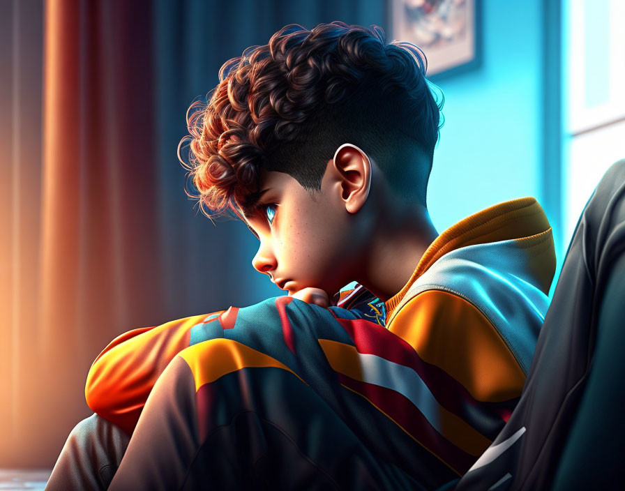 Young person with curly hair gazing out window in colorful jacket