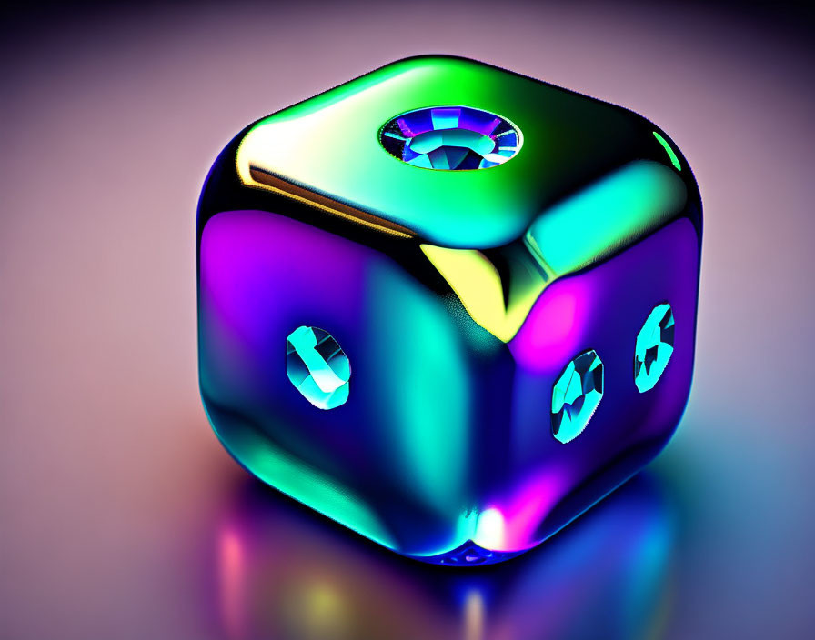 Six-sided iridescent die with diamond-shaped indents.