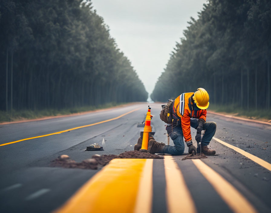 Reflective Vest Road Worker Marking Lines on Newly Paved Road