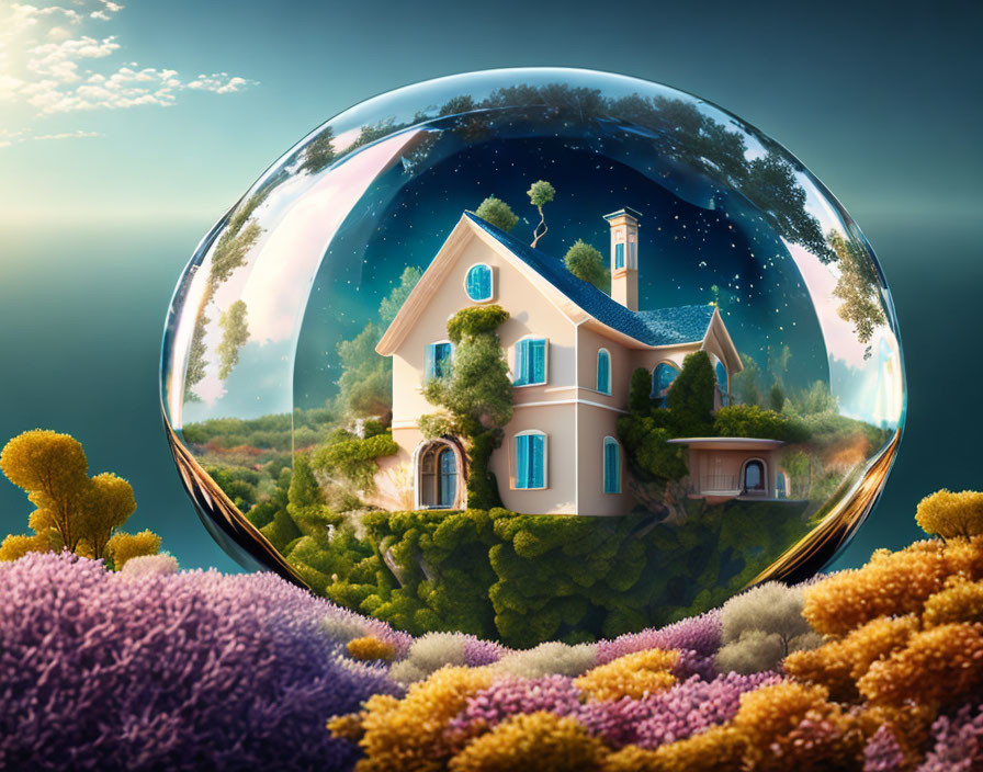 House in Bubble with Night Sky and Colorful Garden