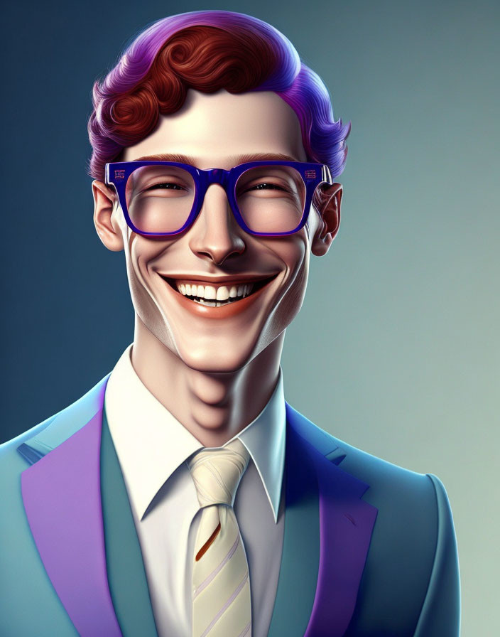 Colorful illustration of a man with purple hair, blue glasses, and stylish suit