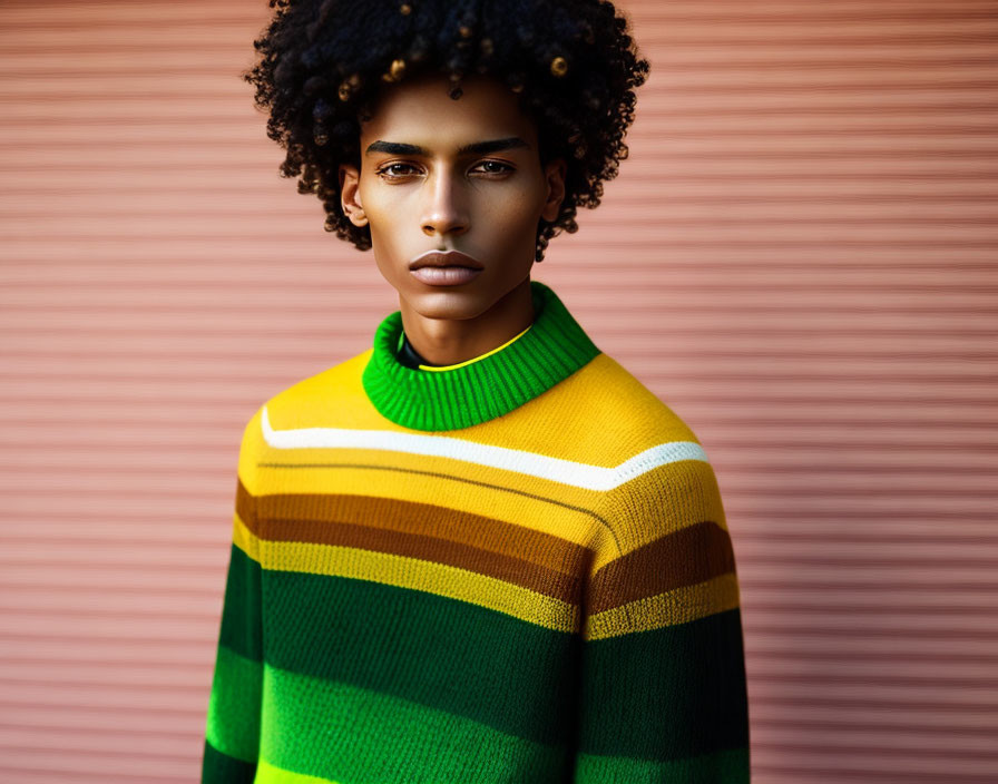 Person with Afro Hair in Yellow and Green Striped Sweater on Pink Background