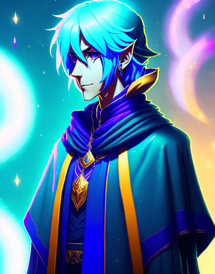 Blue-haired character in regal cloak against cosmic backdrop