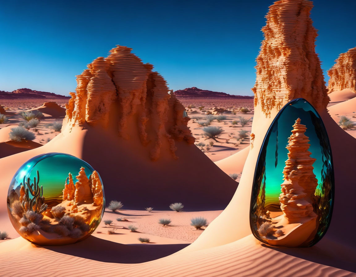 Reflective orbs display desert and rocky formations under clear blue sky