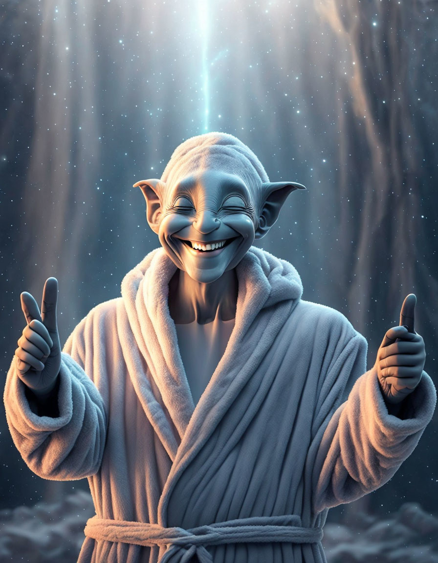 Green-skinned character in robe with wise eyes and large ears giving thumbs-up