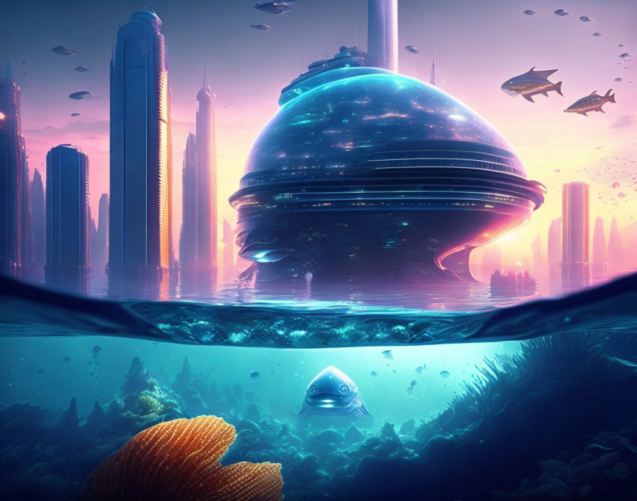 Futuristic Cityscape and Underwater World with Skyscrapers and Submarine