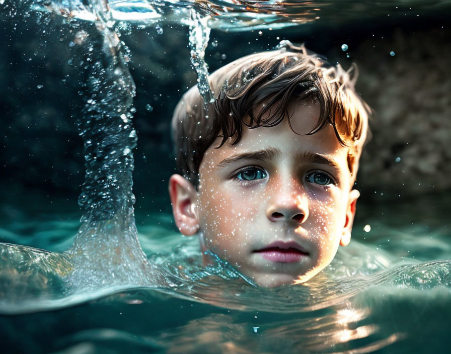 Young boy emerging from clear water with wet hair and glistening skin.