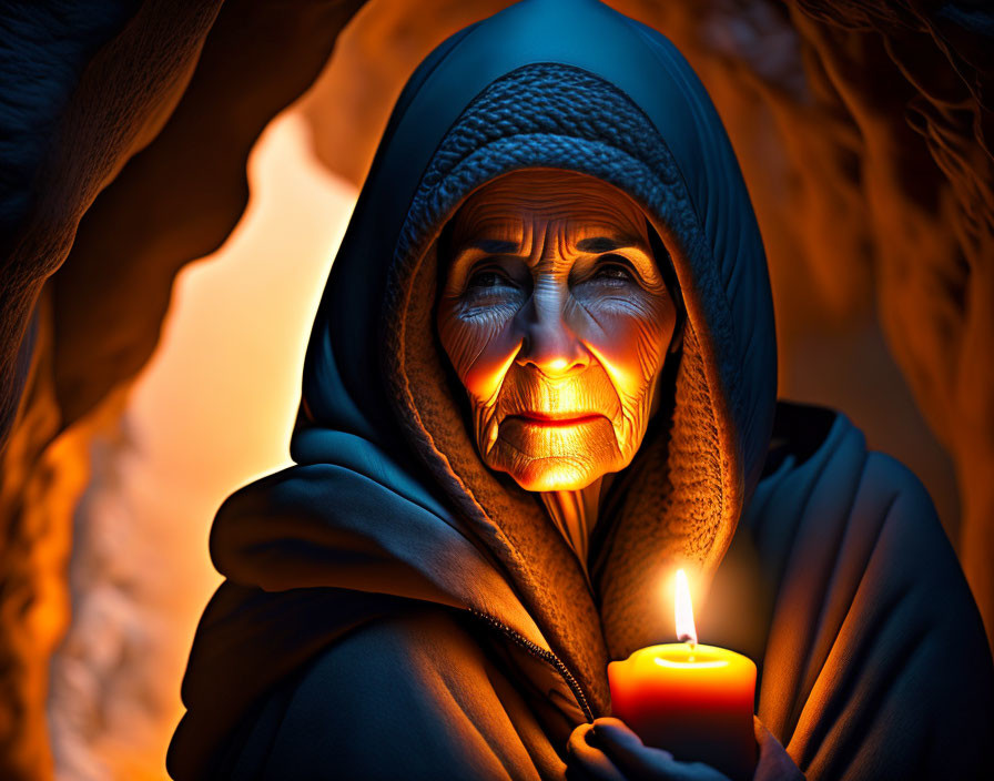 Elderly woman in hooded cloak holding glowing candle in dark cave.