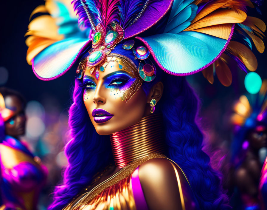 Woman in vibrant carnival attire with feathered headdress and elaborate makeup.