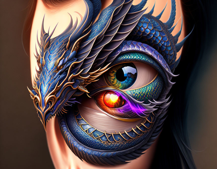 Colorful digital art: Woman with dragon merging in intricate detail.