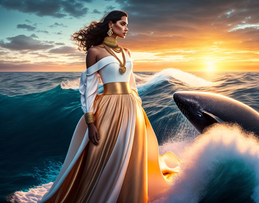 Woman in elegant gown on boat with breaching whale at sunset