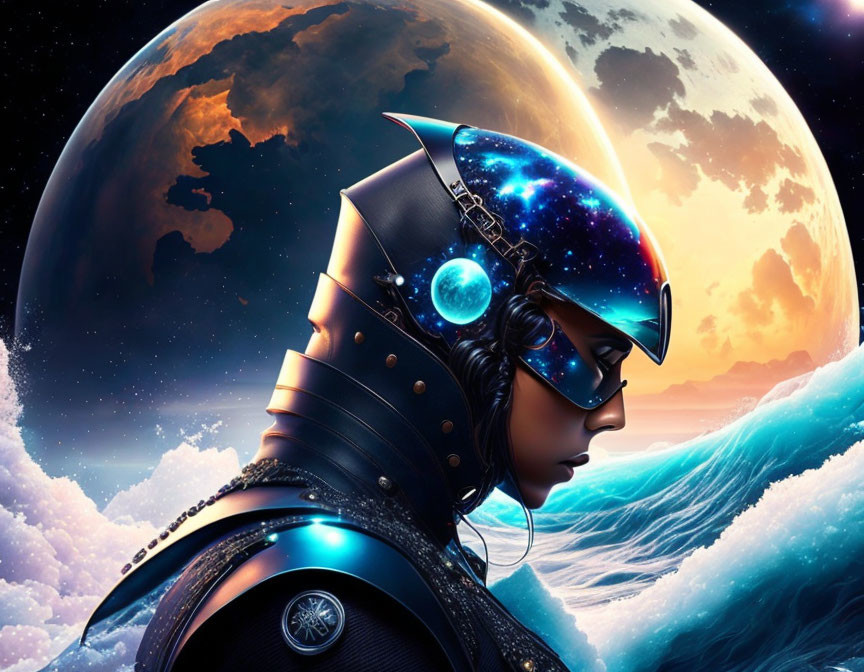 Side profile of woman in futuristic helmet with ocean waves and celestial body.