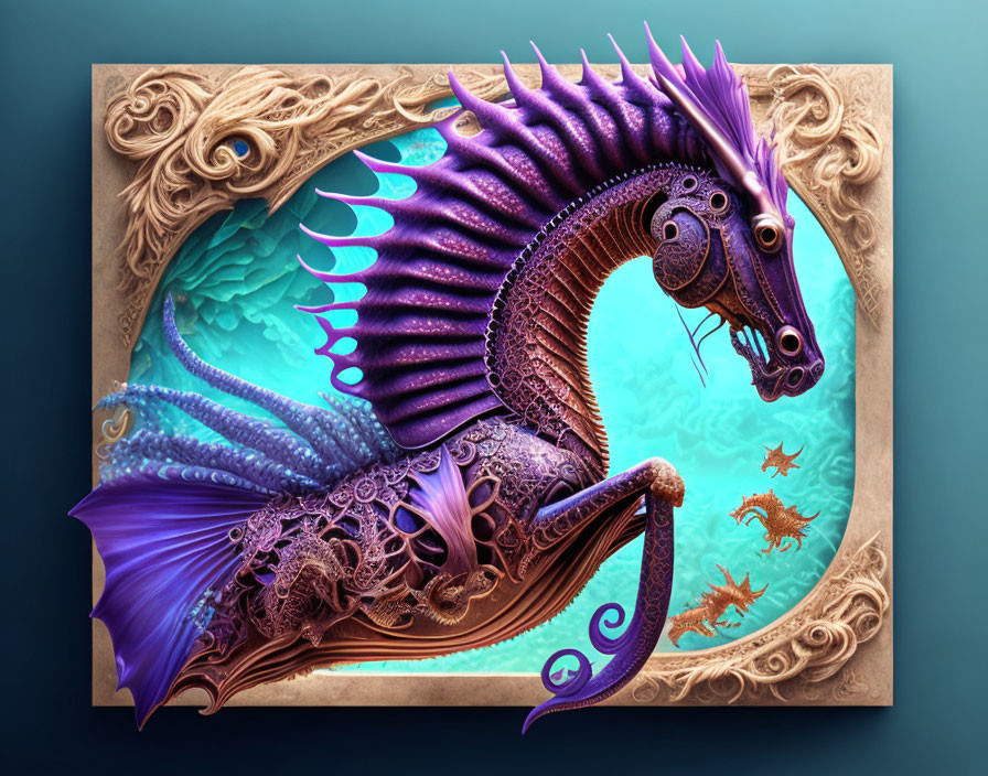 Fantasy illustration of purple and blue mechanical seahorse with ornate details on teal backdrop with golden