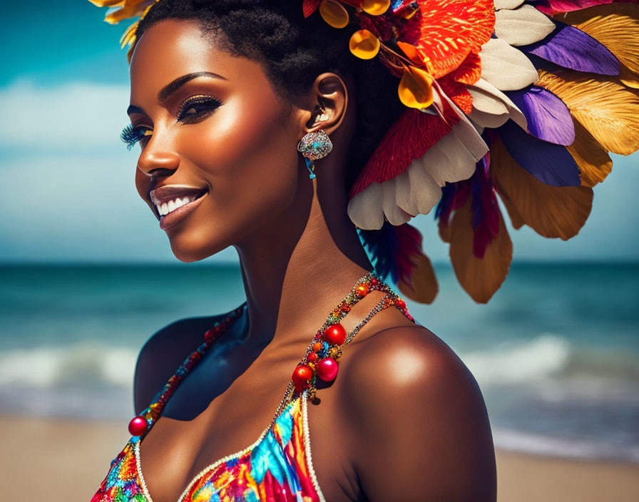 Colorful Feathered Headpiece and Vibrant Necklace Beach Portrait