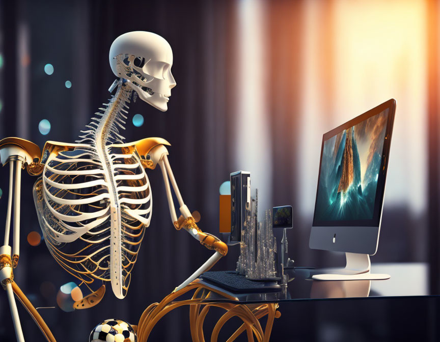 Human Skeleton Model at Desk with Computer Screen and Cityscape Background