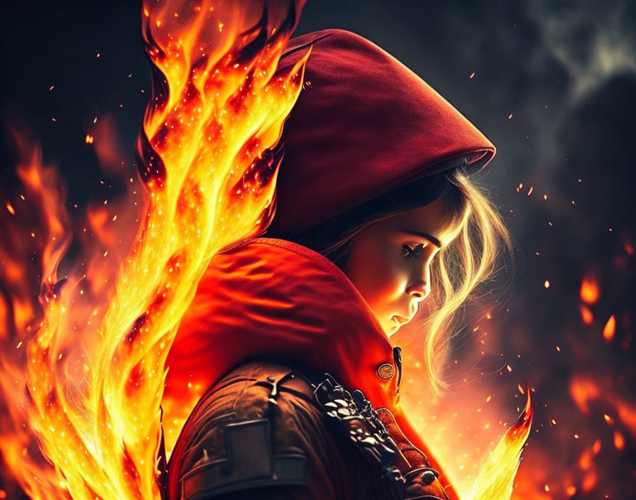 Digital artwork: Woman in red hood surrounded by fiery flames