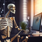 Human Skeleton Model at Desk with Computer Screen and Cityscape Background