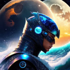 Side profile of woman in futuristic helmet with ocean waves and celestial body.