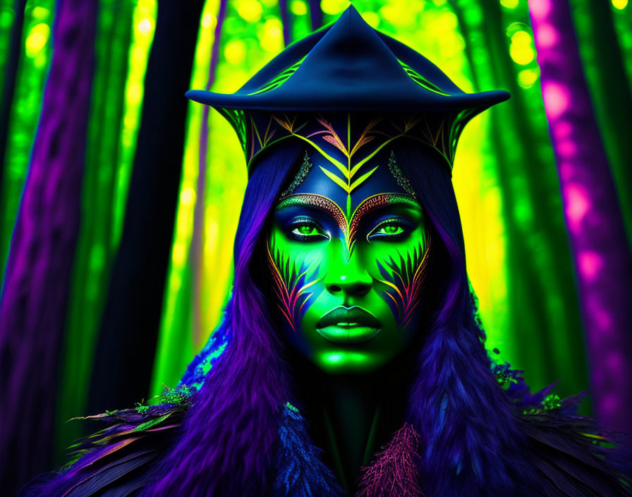 Vibrant neon face paint and elaborate headgear in front of fluorescent forest.