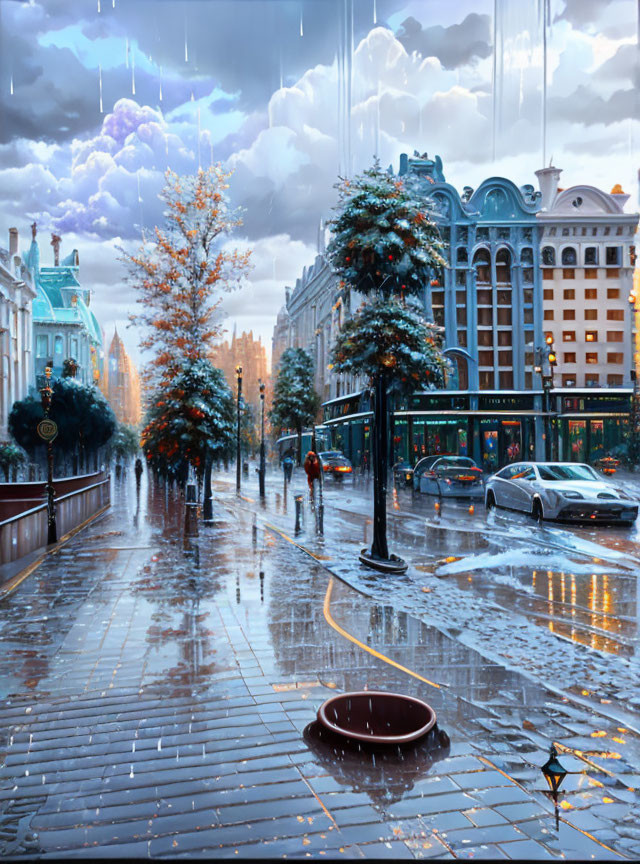 City street scene with rain-soaked pavement, colorful buildings, autumn trees, pedestrian, cars, and