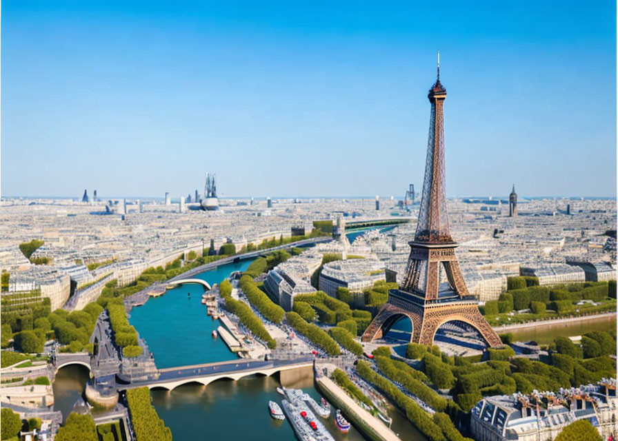 Paris Aerial View: Eiffel Tower, Seine River, and Cityscape in Clear Blue