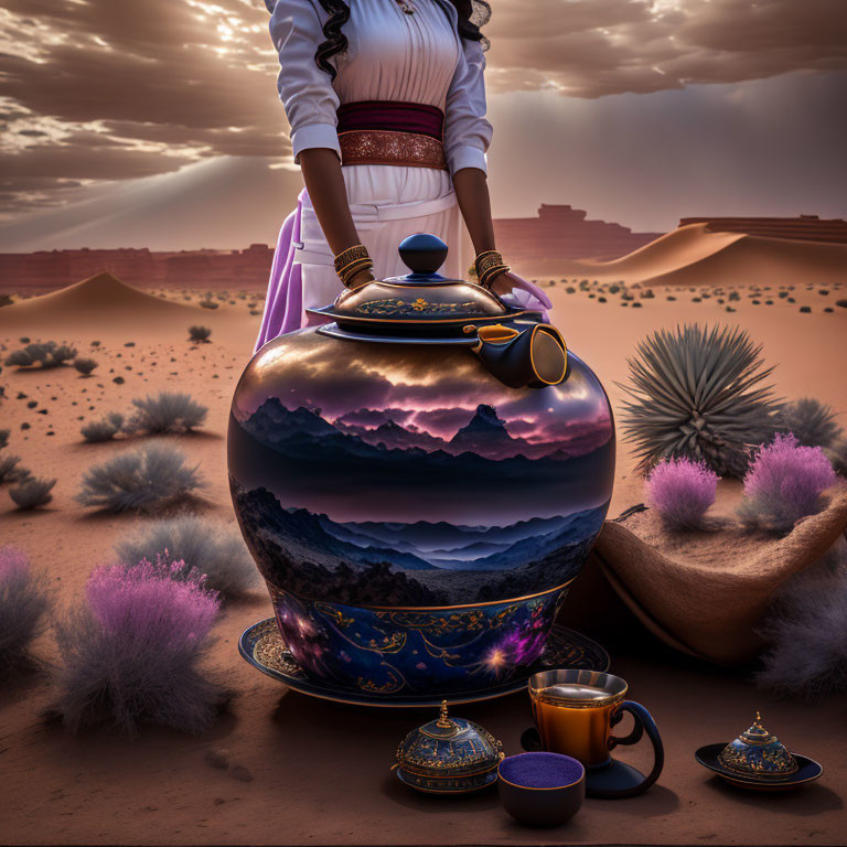 Person holding ornate teapot in desert with steam and cups on tray