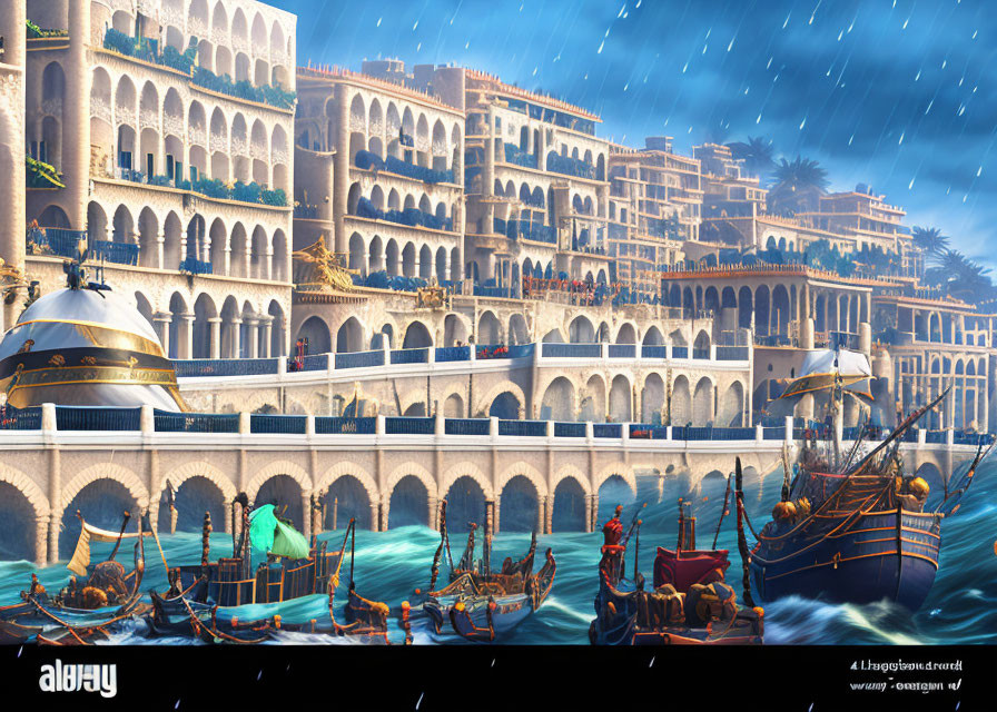 Ancient coastal city scene with multi-level buildings, arches, busy port, and ships in rain