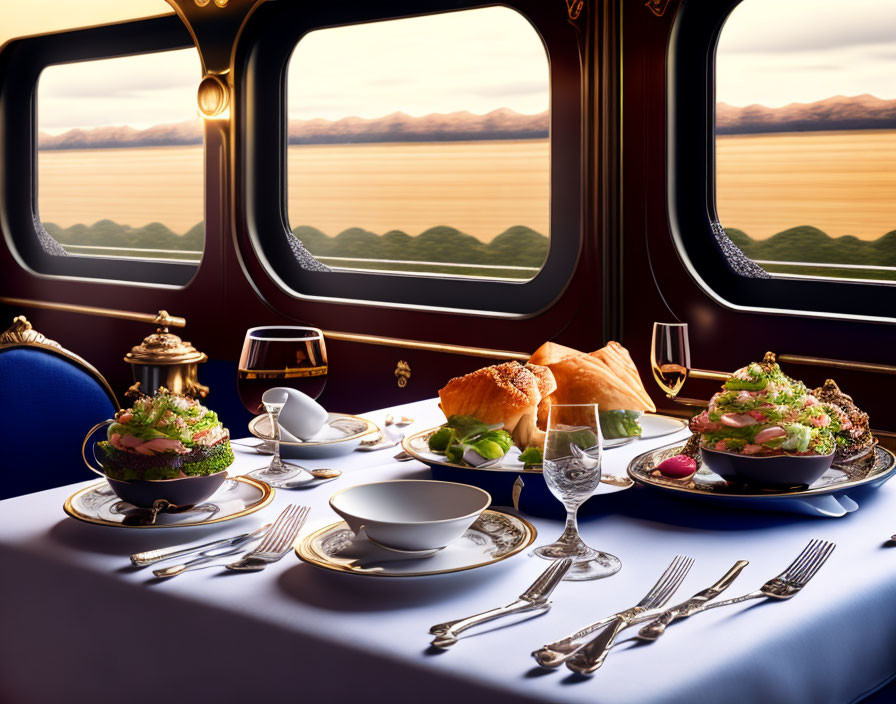 Elegant Train Dining Setting with Gourmet Food & Desert Views