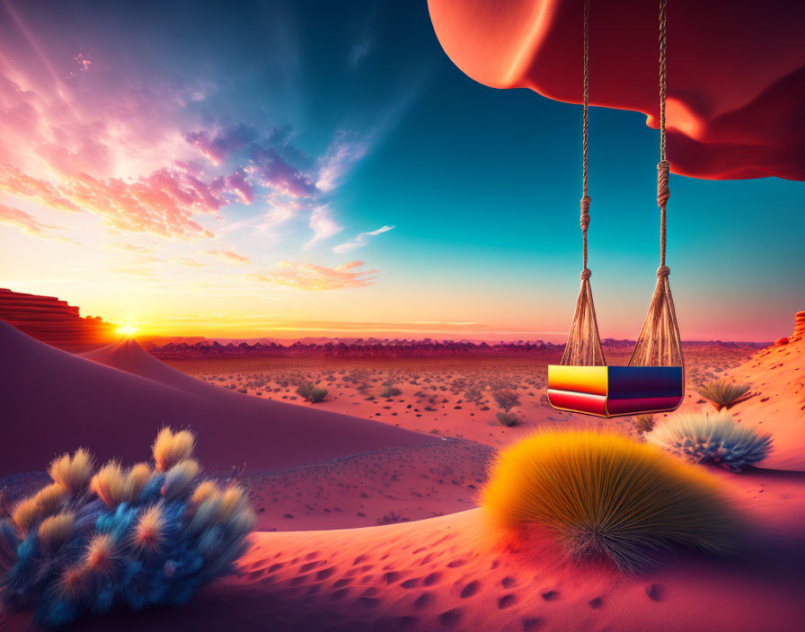 Surreal desert landscape: floating rock, swings with books, vibrant flora, sand dunes,