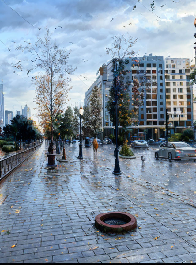 Scenic urban street after rain with trees, people, and tall buildings