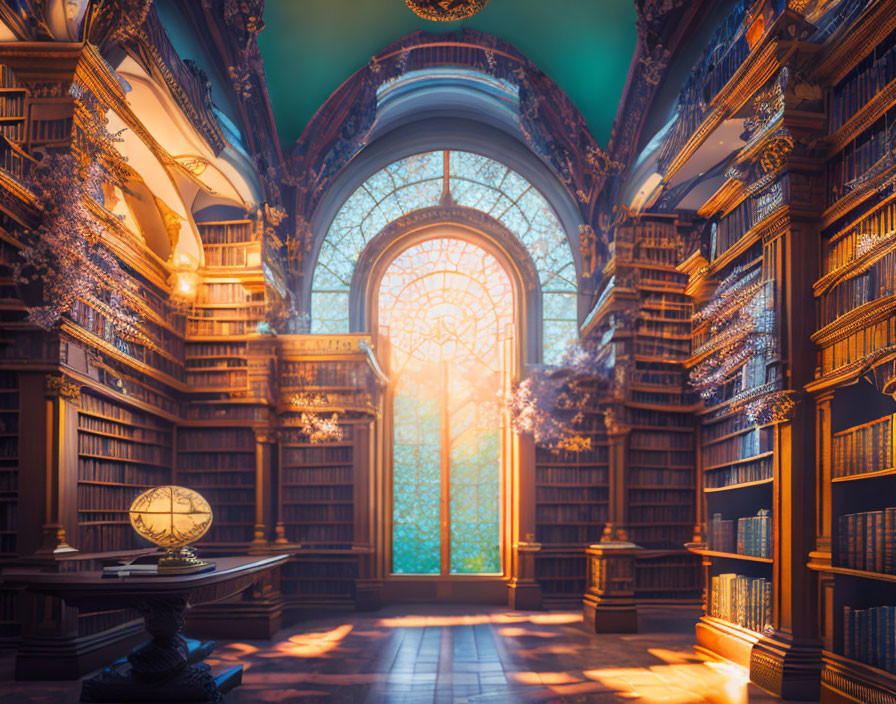 Ornate stained glass window in grand library with wooden bookshelves and globe