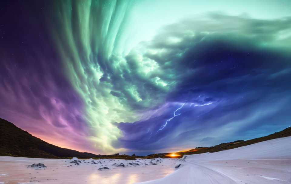 Stunning Aurora Borealis with Green and Purple Colors in Snowy Landscape