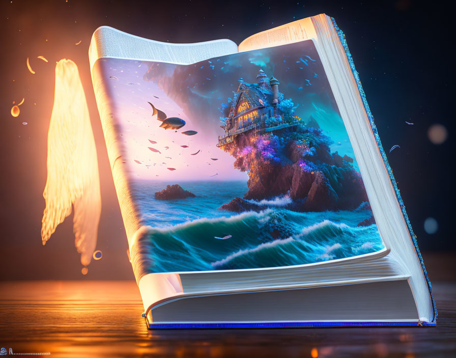 Fantasy scene in open book: house on rocky island, floating fish, winged creature