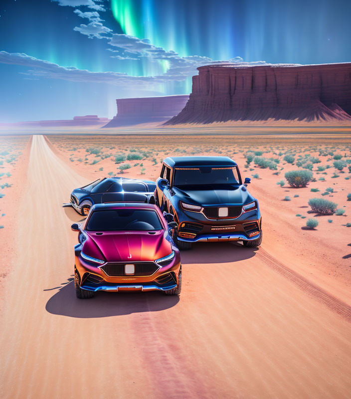 Futuristic convoy of cars in desert landscape with cliffs and vibrant sky