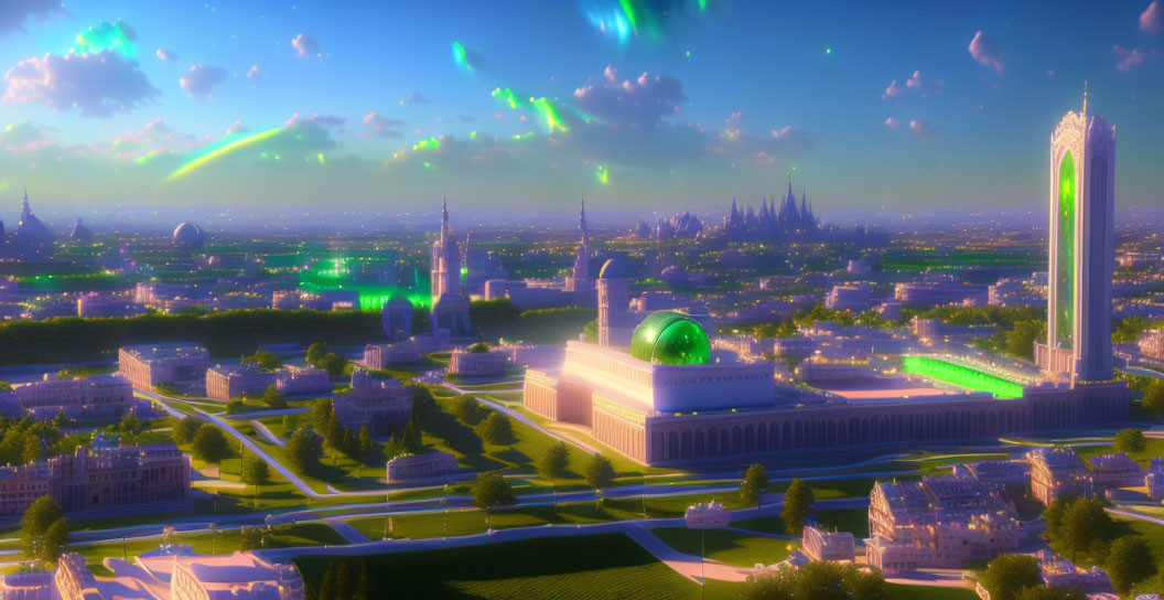 Futuristic cityscape with greenery, towers, domed structures, and aurora sky