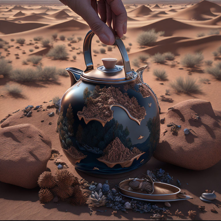 Hand pouring tea from ornate kettle into cup in desert scene.