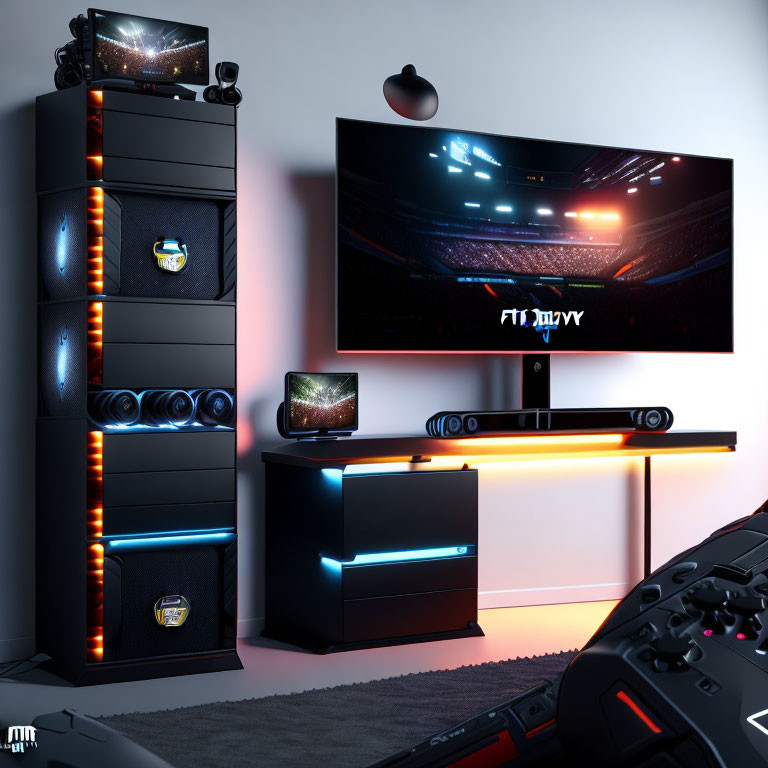 LED-lit modern gaming setup with large monitor, speakers, laptop, and themed gaming PC towers