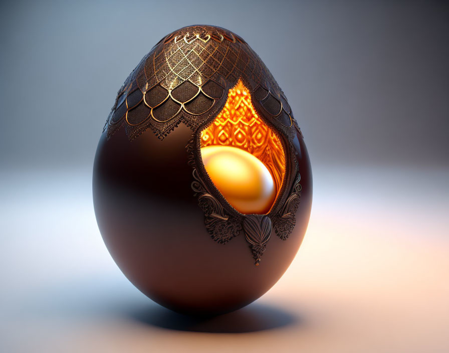 Intricately Carved Ornate Egg with Glowing Orange Light on Gradient Background